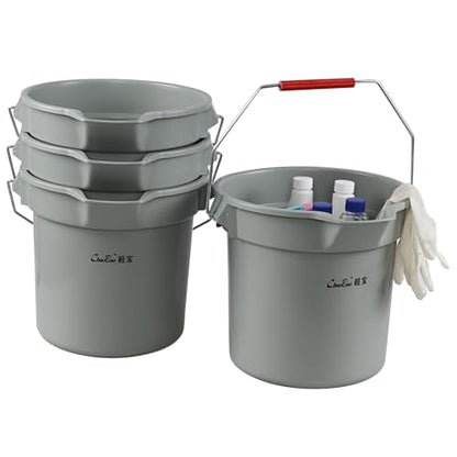 14 Quart Commercial Cleaning Pail with Handle, 4-Pack Plastic Bucket with Pour Spout, Grey