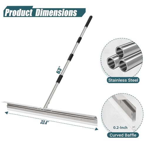 Heavy-Duty Large Floor Squeegee for Concrete, 33.4" Commercial Silicone Blade Squeegee for Floor with 63" Stainless Handle, Anti-Splash Curved Baffle for Garage, Factory, and Tough Cleaning Jobs - size: Large