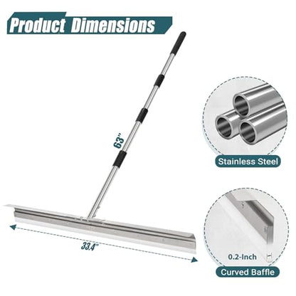 Heavy-Duty Large Floor Squeegee for Concrete, 33.4" Commercial Silicone Blade Squeegee for Floor with 63" Stainless Handle, Anti-Splash Curved Baffle for Garage, Factory, and Tough Cleaning Jobs - size: Large