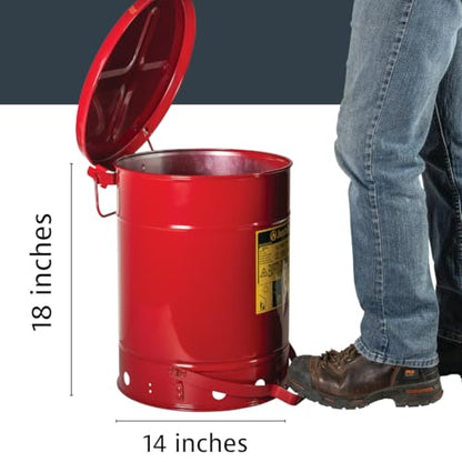 Justrite 10 Gallon Galvanized Steel Oily Waste Can, 18" x 14" Metal Oil Rag Safety Can With Foot Operated Self-Closing Lid for Oil Rag Disposal, Made in the USA, Red, 09300 - color: Red, size: 10 Gallon, style: Foot-Operated Lid