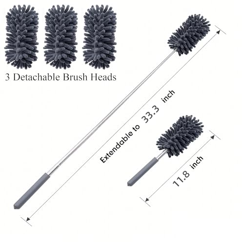 Microfiber Duster for Cleaning, GMLKRY Hand Washable Dusters with 3pcs Replaceable Microfiber Head, Extendable Pole, Detachable Cleaning Supplies for Office, Car, Window, Furniture (Gray) - color: Gray