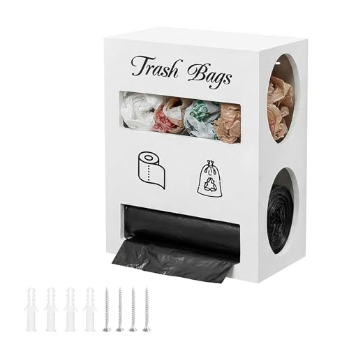 2 in 1 Trash Bag Dispenser, Double Wall Mounted,Wood Trash Bag Holder, used in kitchen, garage, laundry room, can store Environmentally friendly food bags and garbage bags (White/Large) - color: White/Large