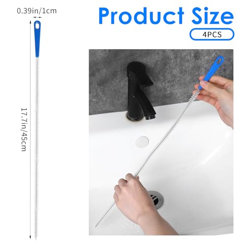 4 Packs Snake Drain Hair Removal Tools, 17.7" Long Flexible Drain Cleaning Brush, Sewer Drains Brush, Drains Clog Remover, Shower Clog Remover for Curved Pipes and Slim Holes