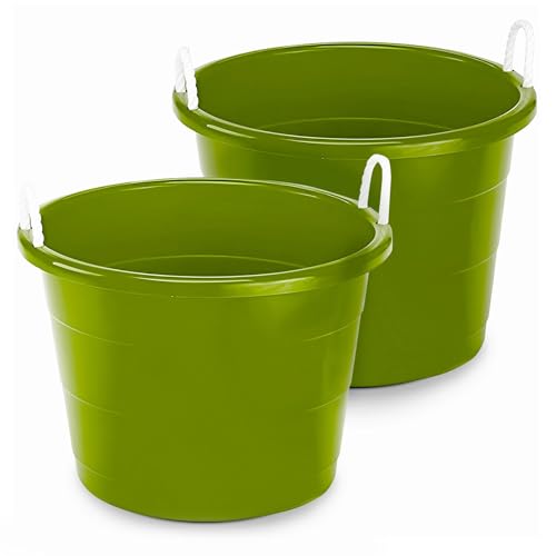 HOMZ 2-Pack Utility Tub, Large Plastic Storage Bucket with Rope Handles, 17 Gallon, Green - Portable Indoor and Outdoor Buckets for Kitchen, Laundry, Garden, Bathroom, and Garage Organization - color: Bold Lime