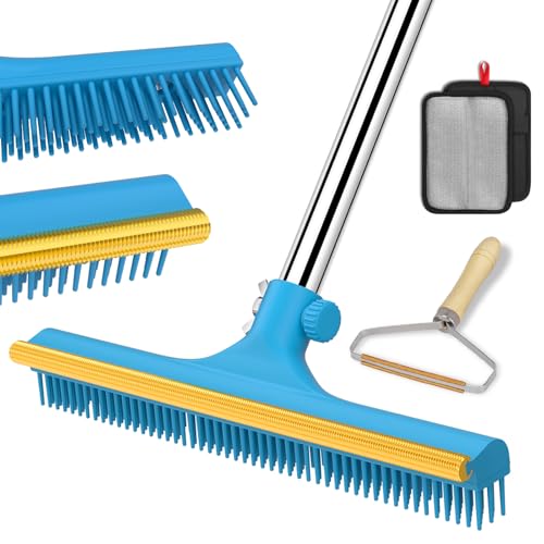 mupapi Carpet Rake for Pet Hair Removal, Reusable Pet Hair Remover Broom, 60'' Adjustable Long Handle Dog and Cat Hair Remover Tool Set of 3, Lint Remover Scraper for Carpets, Rugs, Mats, Couch, Car