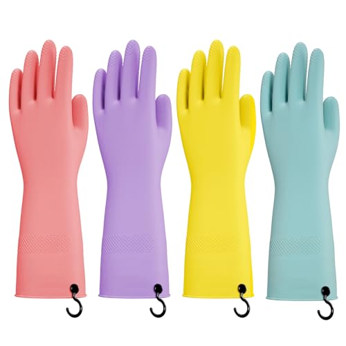 Dishwashing Rubber Gloves for Cleaning – 4 Pairs Kitchen Gloves with Handing Hooks Washing Dishes Household Glove - Medium - size: Medium