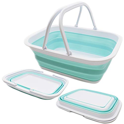 SAMMART 9.2L (2.37Gallon) Collapsible Tub with Handle - Portable Outdoor Picnic Basket/Crater - Foldable Shopping Bag - Space Saving Storage Container (1, White/Lake Green) - color: White/Lake Green
