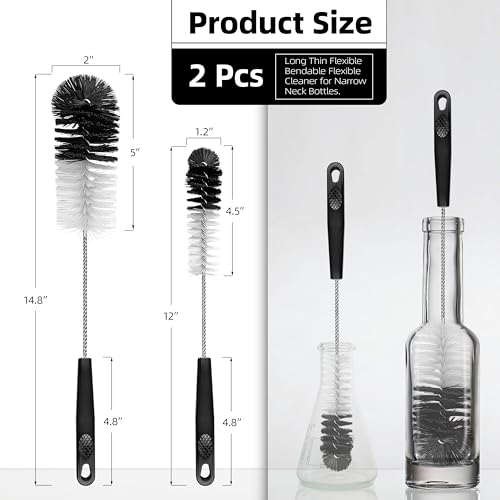 2 Pcs Bottle Brushes Set, Long Thin Flexible Bendable Flexible Cleaner for Narrow Neck Bottles, Water/Wine/Beer/Baby Bottles, Pipes, Tubes, Hoses, Teapots - Bendable & Dishwasher Safe - size: 14.8" standard