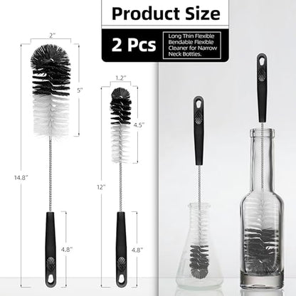 2 Pcs Bottle Brushes Set, Long Thin Flexible Bendable Flexible Cleaner for Narrow Neck Bottles, Water/Wine/Beer/Baby Bottles, Pipes, Tubes, Hoses, Teapots - Bendable & Dishwasher Safe - size: 14.8" standard