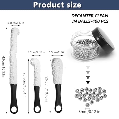 Litoexpe 3 Pieces Decanter Cleaning Brush with 400 Pieces Cleaning Beads, Wine Glass Cleaner Brush Flexible Bottle Cleaning, Household Cleaning Tools for Wine Decanters, Goblets, Cups (Black)