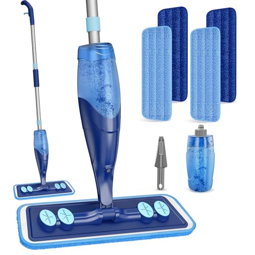 Microfiber Hardwood Floor Mop - Spray Mop with 4 Washable Pads | Wet Dry Use Mop, For Tile Wood Laminate Vinyl Marble Multi-Surface, 500+ ML Refillable Bottle, 360° Swivel Head, Dark Blue - color: Dark Blue