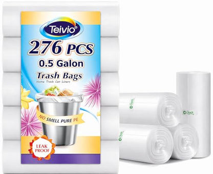 Teivio 0.5 Gallon Mini 12" x 15" Trash Bags, Tiny Bathroom Garbage Can Liners, Small Plastic Bags for Desktop Trash Bin/Dog/Poop Car, Fit 2 Liters or Less Can (276 Counts, Clear) - size: 1 Count (Pack of 276)