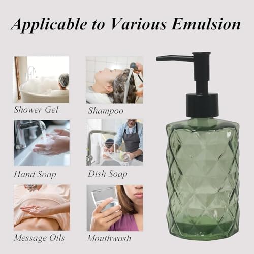 12Oz Small Glass Soap Dispenser with Black Plastic Pump, Green Refillable Kitchen Countertop Liquid Hand Soap Dispensers with Diamond Design, Crystal Bathroom Lotion Bottle for Dish Soap, 2 Set - color: 2 Pack Diamond Green