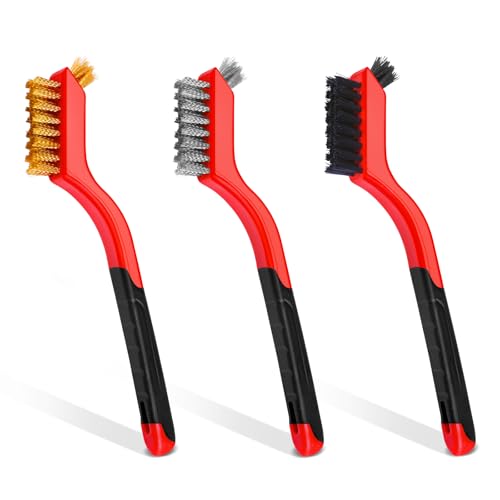 Wire Brush Set, 3 Pcs Stainless Steel/Brass/Nylon Wire Brushes for Cleaning with Curved Handle Grip for Rust Removal, Dirt, Paint Scrubbing(Red) - style: Red-3pcs