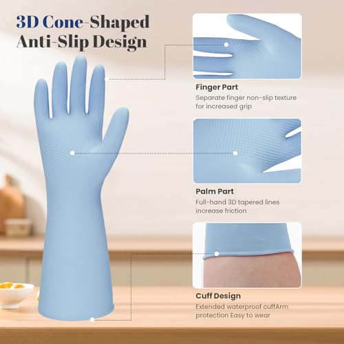 Rubber Kitchen Dishwashing Gloves - 3 Pairs Reusable Household Cleaning Gloves, Flexible and Durable & Non-slip Cleaning Gloves, Great for Kitchen, Bathroom, Laundry (Medium, Pink+Blue+Grey) - color: Pink+blue+grey, size: Medium
