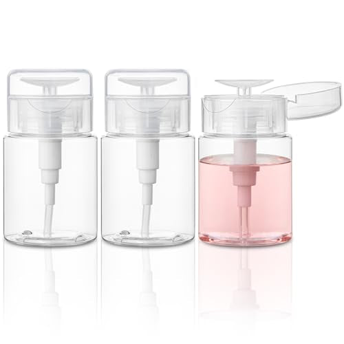 TUZAZO 3 Pack Push Down Pump Bottle Dispenser for Travel Makeup Remover, Facial Toner, Micellar Water, Alcohol, Nail Polish Remover Empty Push Top Bottles Containers 3.4oz/100ML - size: 3.4oz/100ml