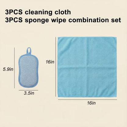 6Pcs Microfiber Cleaning Cloths & Sponges Set - 3Pcs Absorbent Towels + 3Pcs Dual-Sided Scrub Sponges - for Kitchen, Car, Bathroom, Dishes and Hard Surfaces(Blue) - color: Blue