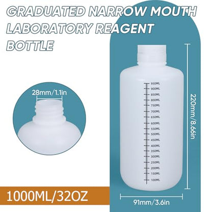 32oz/1000ml Narrow Mouth Plastic Bottles with Caps, HDPE Laboratory Grade Graduated Liquid Containers for Reagent Sample Medicine Water Storage (Translucent, 2 Pcs) - size: 32 oz