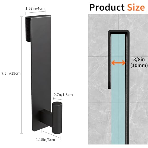 Shower Door Hooks, 7.5 Inch Extended Towel Hooks for Bathroom, Towel Hooks for Shower Glass Door Frameless fit for 3/8" (10mm) Thick, Stainless Steel Towel Hanger, Black, 2 Pack