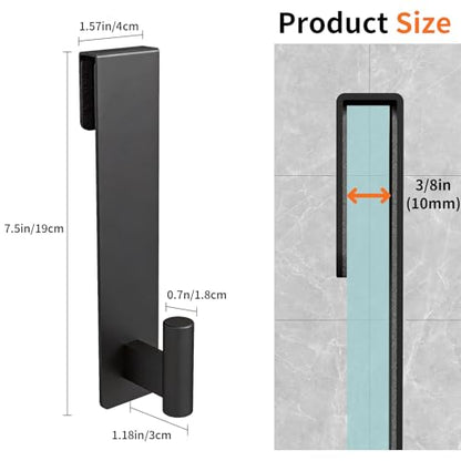 Shower Door Hooks, 7.5 Inch Extended Towel Hooks for Bathroom, Towel Hooks for Shower Glass Door Frameless fit for 3/8" (10mm) Thick, Stainless Steel Towel Hanger, Black, 2 Pack
