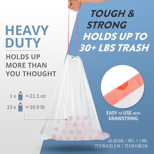 16 Gallon Trash Bags with Drawstring, Clear plastic bags, 105 Count | Tear Free, Fit 16-18 gal, Large Strong Trash Can Liners, Heavy Duty Compactor Bags, For Home Kitchen Office Lawn Commercial - style: 16-18 Gallon (105 Count, Clear)