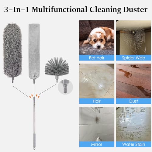 Cobweb Duster with Extension Pole, Washable Cleaning Microfiber Feather Duster 5-in-1 Kit with 3 Duster Heads, 100'' Bendable Extendable Long Duster for High Ceilings, Fans, Blinds, Furniture & Car - size: 5PCS: Cobweb Brush & Gap Duster & Gloves Set