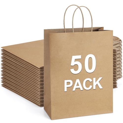 BagDream Gift Bags 10x5x13 50Pcs Brown Kraft Paper Gift Bags with Handles Bulk for Shopping, Merchandise, Retail, Grocery, Party Favor, Recycled Paper Sacks - color: Brown