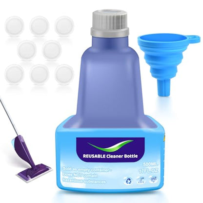 Refillable Replacement Bottle for Swiffer® Wet Jet™ Mop, 500ml /17 oz, Empty, Leak-Proof HDPE Cleaner Solution Refill Bottle with 8 Silicone Gaskets & 1 Foldable Funnel - color: Purple-1p