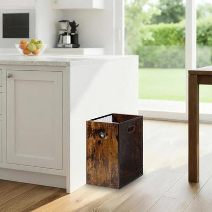 Office Trash Can 4.5 Gallon, Metal Mesh and Wood Combination Small Garbage Can, Rectangular Waste Basket with Handle, Industrial Trashcan for Home Office, Bedroom, Living Room