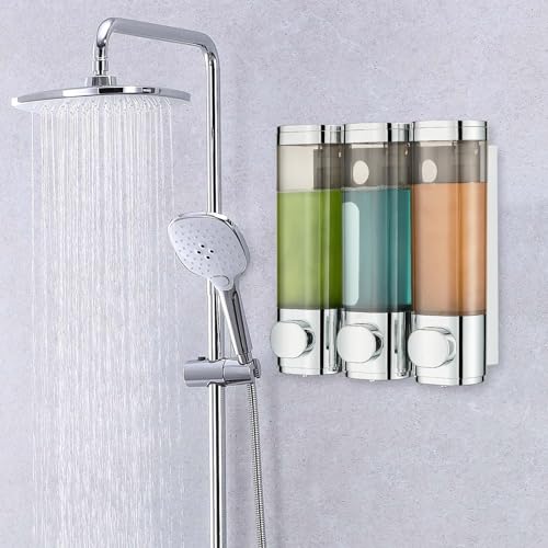 Pollock Shampoo and Conditioner Dispenser Wall Mounted, Shower Soap Dispenser 2 Chamber No Drill, Shampoo Dispenser for Shower, Body Wash Dispenser for Bathroom, Large Capacity, (Silver DG3 Chamber) - color: Silver Dg3 Chamber