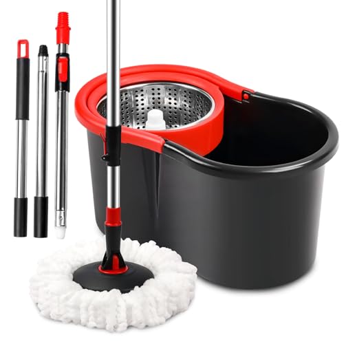 Spin Mop and Bucket with Wringer Set,360° Mop and Bucket System with One Microfiber Mop Refills and 50" Extended Handle for Floor Cleaning (Black)