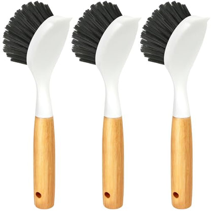 Holikme 3 Pack Cast Iron Brush and Scraper with Bamboo Handle – Skillet Scrubber with Tough Nylon Bristles, Kitchen Cleaner for Cleaning Skillet, Grill Pan, Black - color: Black