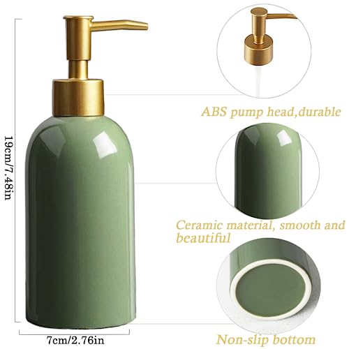 Ceramic Soap Dispenser Green with Gold Pump,Simple Design Cylindrical Lotion Dispenser Bottle,Refillable Liquid Hand Soap Dispenser for Kitchen,Bathroom,Washroom - color: Green（a）