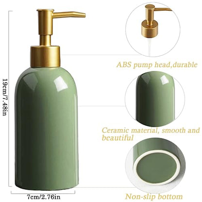 Ceramic Soap Dispenser Green with Gold Pump,Simple Design Cylindrical Lotion Dispenser Bottle,Refillable Liquid Hand Soap Dispenser for Kitchen,Bathroom,Washroom - color: Green（a）