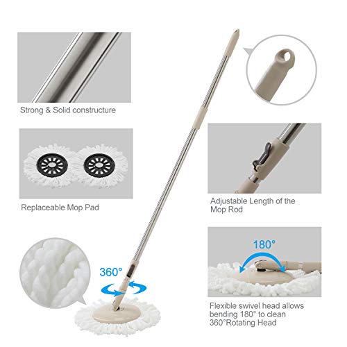 Eyliden Spin Mop and Bucket Set, 2 Microfiber Heads, Wash & Dry | Self-Cleaning Mop Bucket System for Hardwood, Tile, Vinyl Floors, Adjustable Stainless Steel Handle, Space-Saving Design
