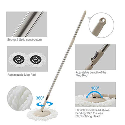 Eyliden Spin Mop and Bucket Set, 2 Microfiber Heads, Wash & Dry | Self-Cleaning Mop Bucket System for Hardwood, Tile, Vinyl Floors, Adjustable Stainless Steel Handle, Space-Saving Design