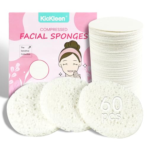 60-Count Compressed Facial Sponges|100% Natural Kickleen Cellulose Cosmetic Spa Sponges for Daily Facial Cleansing|Makeup and Mask Removal | Exfoliating | Skin Massage | Pore Exfoliation(White) - color: White