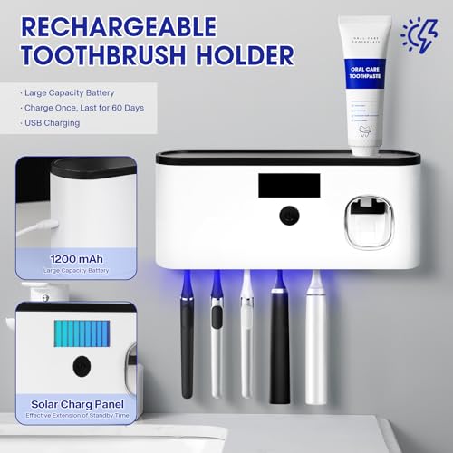 Punch-Free Wall Mounted Bathroom Toothbrush Holder, 5 Toothbrush Slots, Bathroom Toothbrush Sterilizer with Toothpaste Dispenser USB Charging Toothbrush Holder (White) - color: White