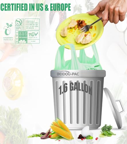 BEIDOU-PAC 1.6 Gallon Certified Compostable Trash Bags with Handle, 125 Count Small Compost Kitchen Garbage Bags, Food Scrap Waste Bags for Countertop Bin, Meets ASTM D6400 US BPI Certified - style: Handle | 1.6 Gallon | 125 Count