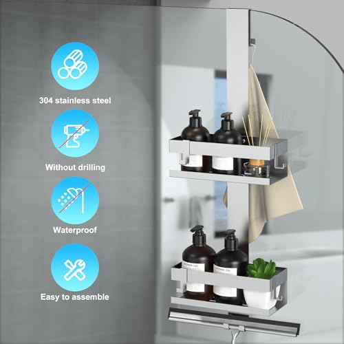 Shower Caddy Hanging, SUS304 Stainless Steel, Over Frameless Glass Door Shower Shelf, Bathroom Organizer/Rack No Drilling, Silver
