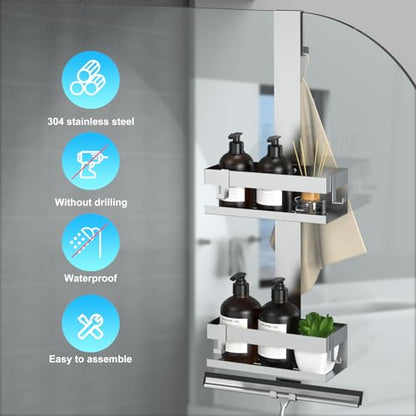 Shower Caddy Hanging, SUS304 Stainless Steel, Over Frameless Glass Door Shower Shelf, Bathroom Organizer/Rack No Drilling, Silver