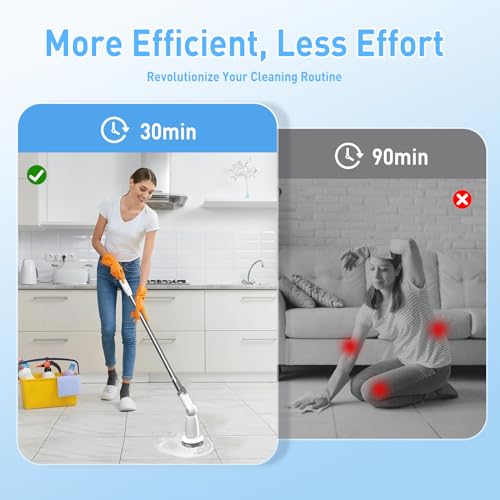 Marchpower Electric Spin Scrubber, Power Shower Scrubber Cordless Cleaning Brush 6 Replaceable Brush Heads, 2 Speeds, Adjustable Detachable Handle, IPX7 Waterproof Bathroom Scrubber Tub Tile Floor