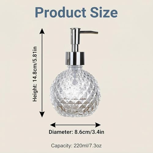 220ml/7.3oz Clear Glass Soap Dispenser with Plastic Pump, Refillable Hand Soap & Lotion Bottle for Bathroom, Kitchen Countertop & Laundry Room