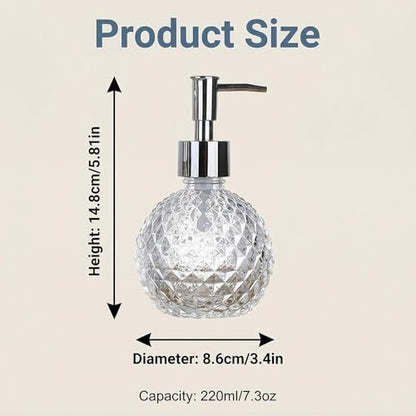 220ml/7.3oz Clear Glass Soap Dispenser with Plastic Pump, Refillable Hand Soap & Lotion Bottle for Bathroom, Kitchen Countertop & Laundry Room
