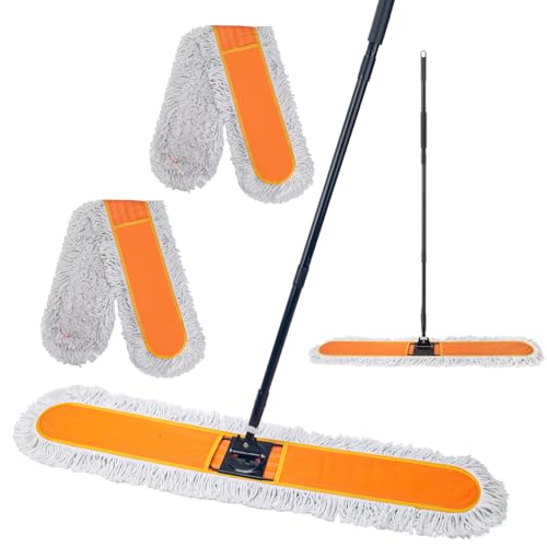 48" Commercial Dust Mops for Floor Cleaning, Heavy Duty Floor Duster with 60" Long Handle, Industrial Wet Dry Sweeper Mop with 2 Reusable Mop Pads for Janitor Indoor Warehouse Gym Hotel Clean - size: 48 inch