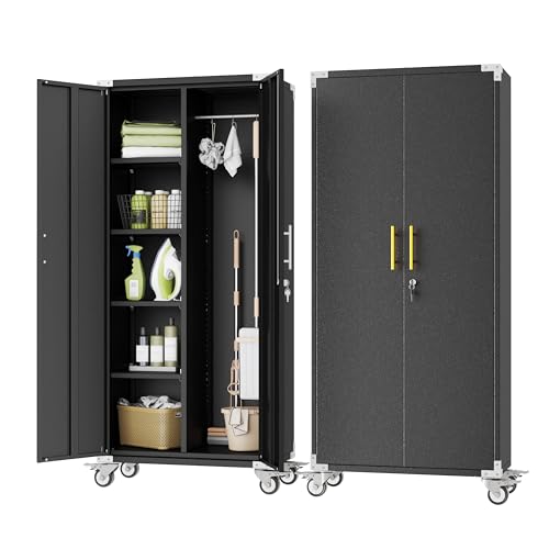 pozdeg Broom Closet Garage Storage Cabinet with Wheels, 71" Metal Cleaning Cabinets with Hooks and Hanging Rods, Tall Freestanding Lockable Tool Utility Cabinet for Home, Office (Black) - color: Black, size: 71"H - Broom Closet