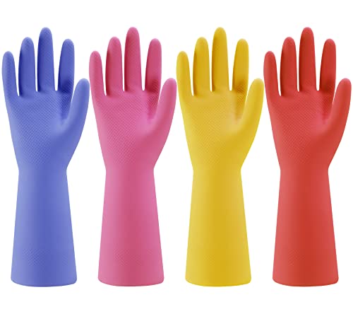 Rubber Kitchen Dishwashing Gloves - 4 Pairs Colorful Reusable Household Cleaning Gloves for Washing Dishes and Cleaning Tasks, Flexible Long-lasting and Non-Slip (Medium, Blue+Pink+Yellow+Red) - size: Medium