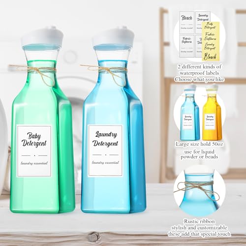 Hushee 4 Pcs Laundry Detergent Dispenser Bottle 51oz with Measure Cup Labels for Laundry Detergent Soap Fabric Softener Bleach Scent Booster Beads Bottle for Laundry Room Decor