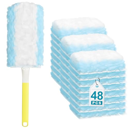 JOYMOOP Disposable Duster for Cleaning, with 1 Handles & 48 Ct Blue Heavy Duty Refills for Swiffer Feather Duster, Household Cleaning Tool for Electronics, Dusting Furniture, Blinds, Pet Hair - color: Yellow Handle With Blue Refills, size: 1 Duster Handle