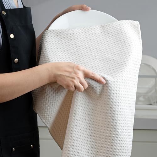 POLYTE Ultra Premium Microfiber Kitchen Dish Hand Towel Waffle Weave, 8 Pack (16x28 in, Off White) - color: Off White, size: 16x28 in